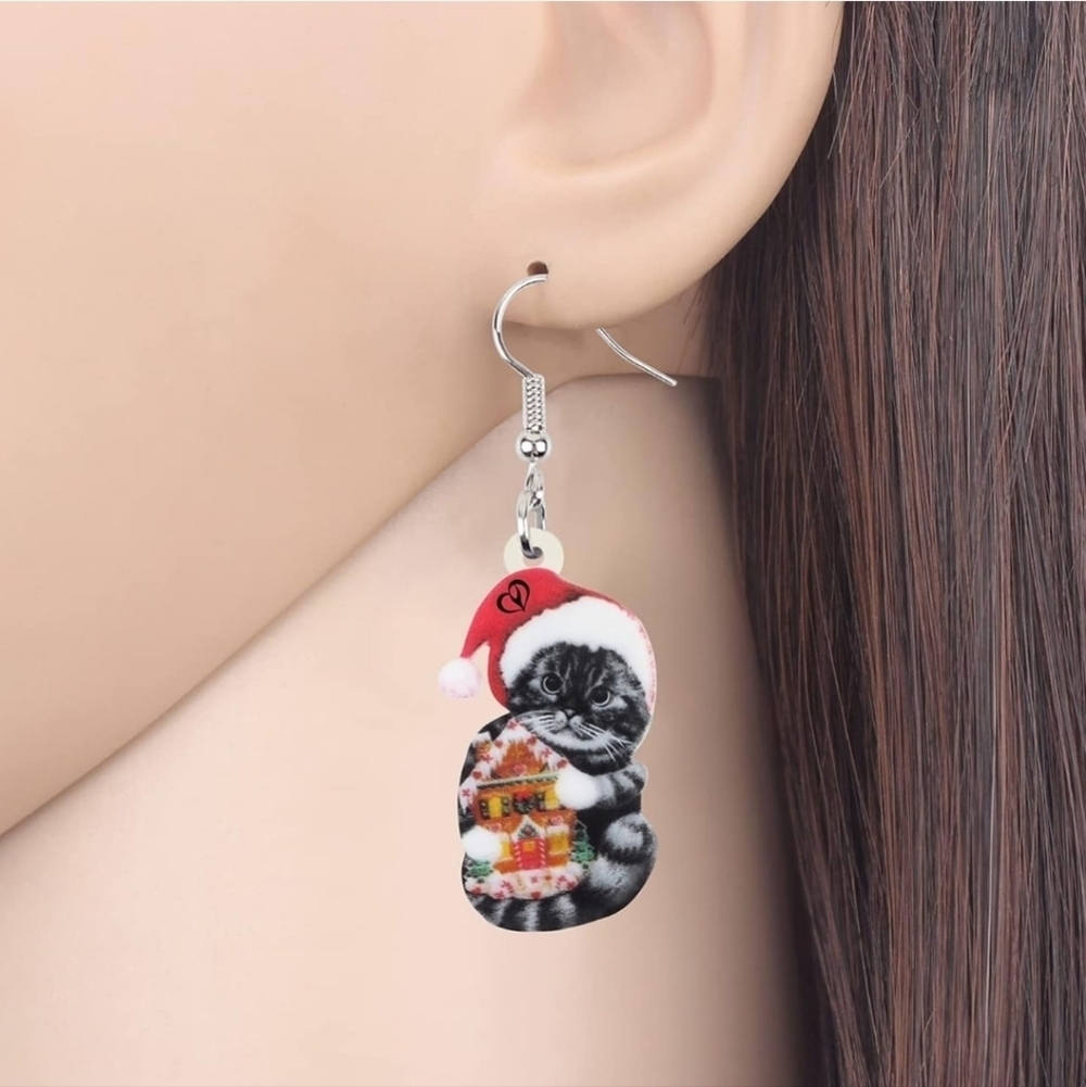 Women's jewelry unique holiday designed kitten in Santa hat dangle earrings